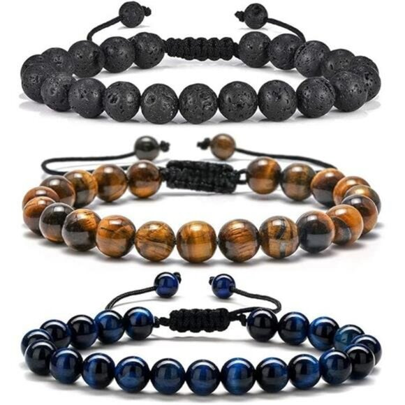 Men's Natural Stone Bracelet Tiger Eye Lava Rock Agate Adjustable Beaded - Picture 7 of 7